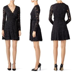DIANE VON FURSTENBERG Women Lace Black/Navy Wrap Cocktail Party Mini Dress Sz 6